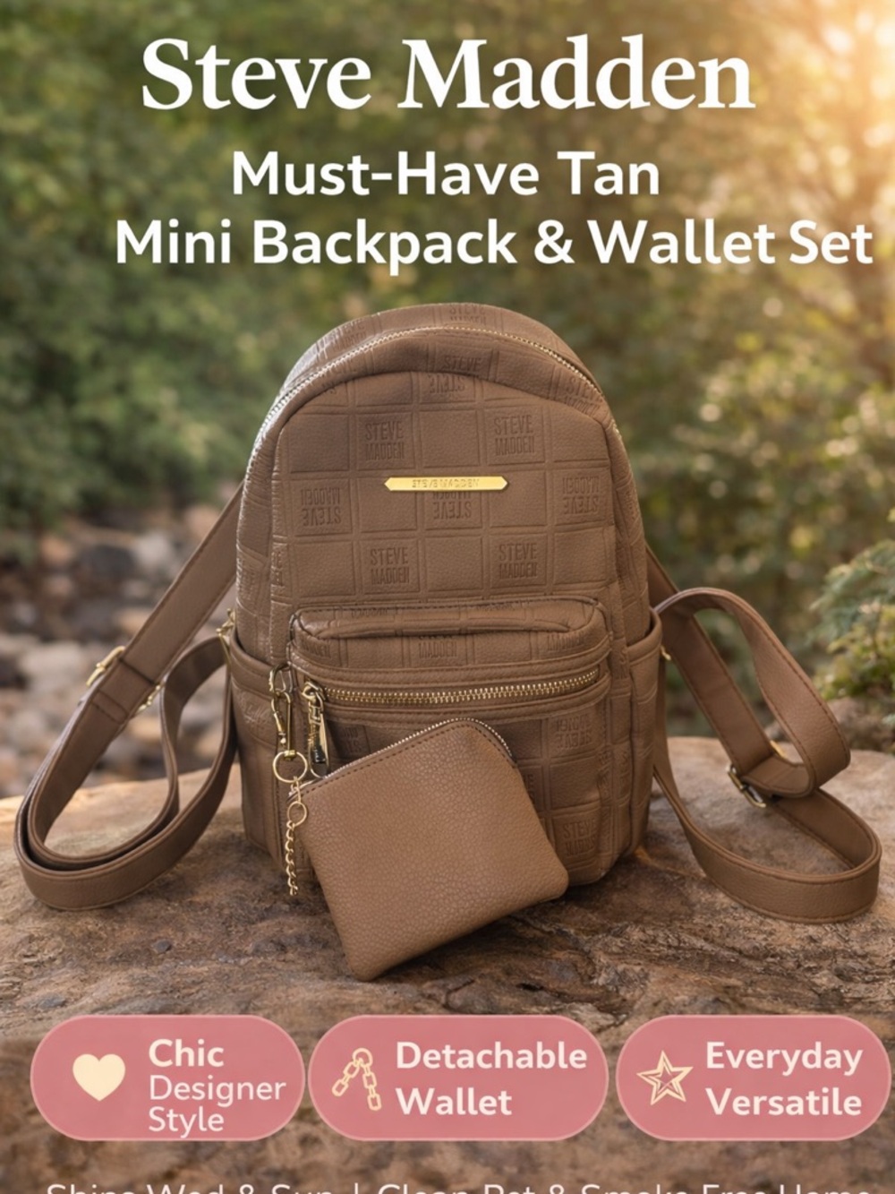 Steve Madden Set ‎ Backpack & Wallet NEW | Embossed Cognac Bag  & Gold Hardware